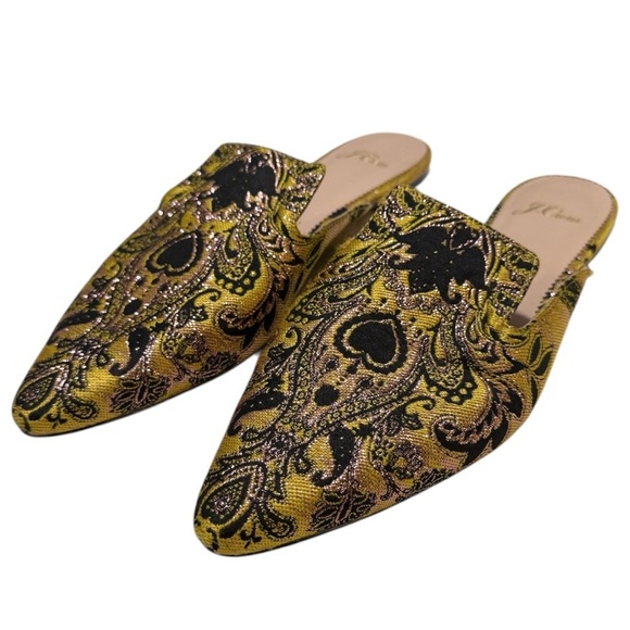 J. Crew Marina Marigold/Black Brocade Pointed Toe Flat Mules - Picture 2 of 11
